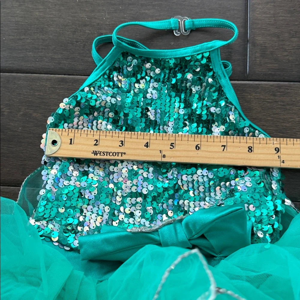 Weissman teal dance costume sequin bodice and a multi-layered tulle poof skirt